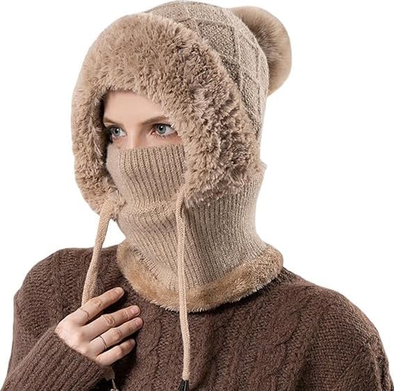 Women's 3-in-1 Beanie Hat with Scarf & Mask, Fleece-Lined Winter Ear Muff Beanie for Cold Weather