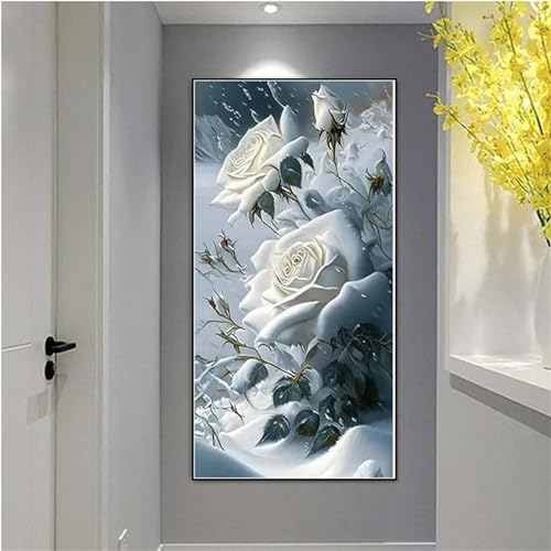 Broderie diamant grand format 60x120cm avec motif de rose blanche pour loisirs créatifs adultes