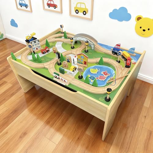 Wooden Train Set & Table with Building Block Baseplate - 2-in-1 Activity Table for Kids, Compatible with Lego Duplo, Boys Girls Birthday Gift for Ages 3-7