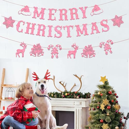 Image of Pink Christmas Party Decorations,Merry Christmas Banner Decorations,Xmas Pink Tree Snowflake Banner for Home, Outdoor, Indoor, Winter Holiday Home Birthday Party,Snowflake Winter Birthday