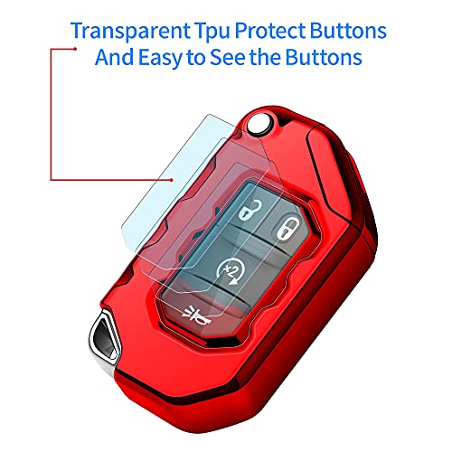 Image of Compatible with Jeep Key Fob Cover With Leather Keychain Soft TPU Protection Key Case for 2018-2026 Wrangler JL JLU Rubicon Wagoneer Gladiator JT Sahara JLU Remote Key (Red)