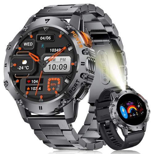 LIGE Montre Connectée Homme avec Appel Bluetooth/LED Lampe, 1.43" HD Smartwatch Homme avec 500 mAh Batterie/Fréquence Cardiaque Sommeil Moniteur/120+ Modes Sportifs pour Android iOS, Noir