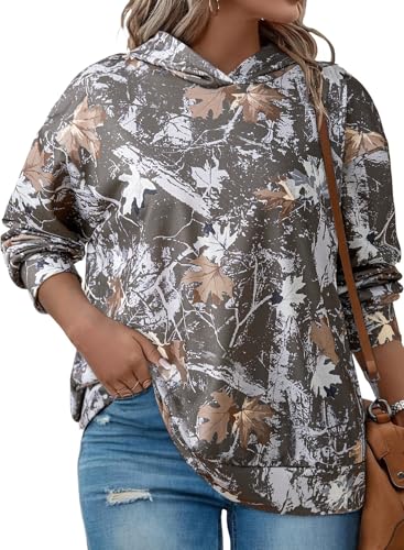 AlvaQ Plus Size Hoodies for Women 3x Oversized Sweatshirts Camo Maple Leaf Print Pullover Hooded Tops Plus Size Fall Outfits 2025 Grey