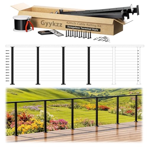Image of 12-20FT Swageless Modular Black Cable Railing Kit 42 inch, 4 Pack Stainless Steel Level Post Kit with Patent Swageless Tensioner, Upgraded Black Powder Coated Cable Railing System with DIY Length