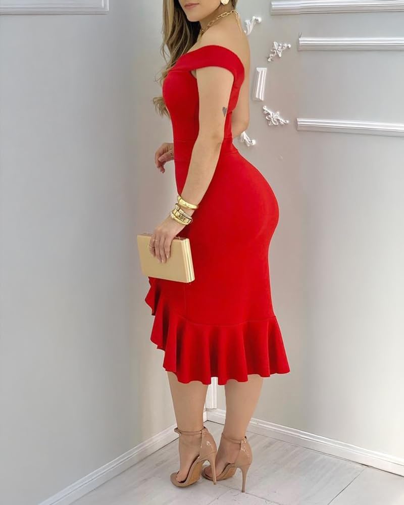 Cocktail Dress for Women Elegant Off Shoulder Ruffles High Slit Midi Dress One Shoulder Dress 2025 Party Dresses - Image 4