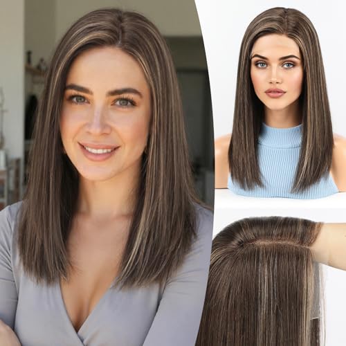 Image of KKU 100% Human Hair Wig, Lace Front Wigs Human Hair Side Part,Dark Brown with Blonde Wig Human Hair, Real Human Hair Wigs for Women(16Inch)