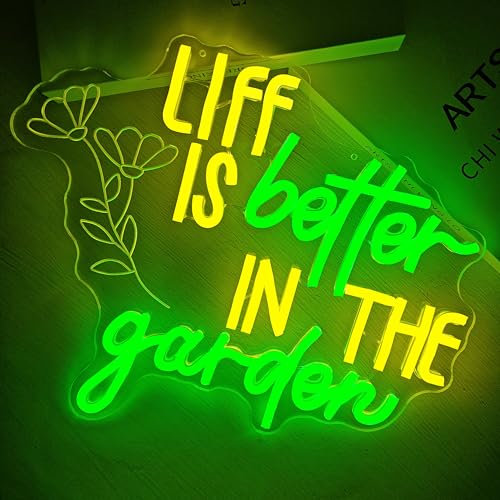 Image of Green Neon Sign Liff Is Better In The Garden LED Neon Light for Garden Room Bedroom Living Room Plant Neon Light Sign for Plant Lovers Flower LED Sign Gift for Mom or Plant Enthusiasts