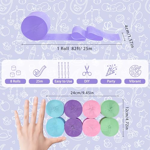 Image of 8 Rolls Crepe Paper Streamers, Blue, Purple, Pink and Green Streamers Party Decorations for Mermaid Party Birthday Baby Shower Bridal Shower Wedding Lavender Party