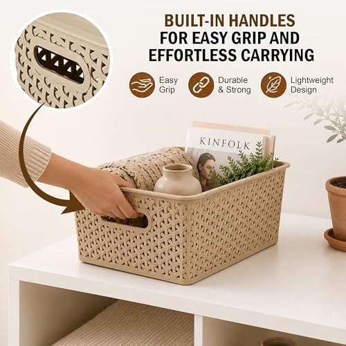 Image of JD Fresh Pack of 3 Premium Plastic Storage Basket with Lid /Smooth Handle Design&Stackable Storage Organizer /Durable Kitchen Storage Basket for Clothes, Vegetables, Fruits, Toys and Stationery(Biscuit)