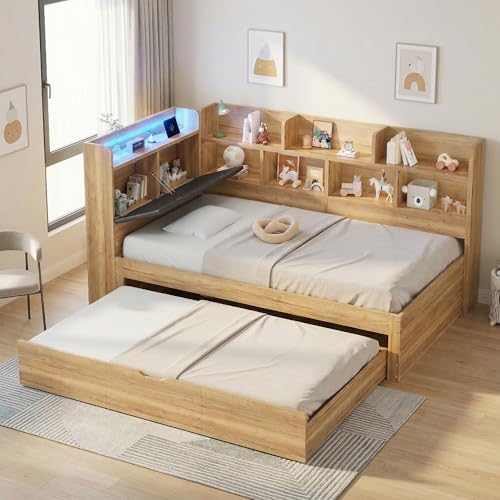 Huayz Sofá cama 90 x 200 cm con cama nido, cuna infantil con USB e iluminación LED, cabecero con compartimentos de almacenamiento, color natural, sin colchón
