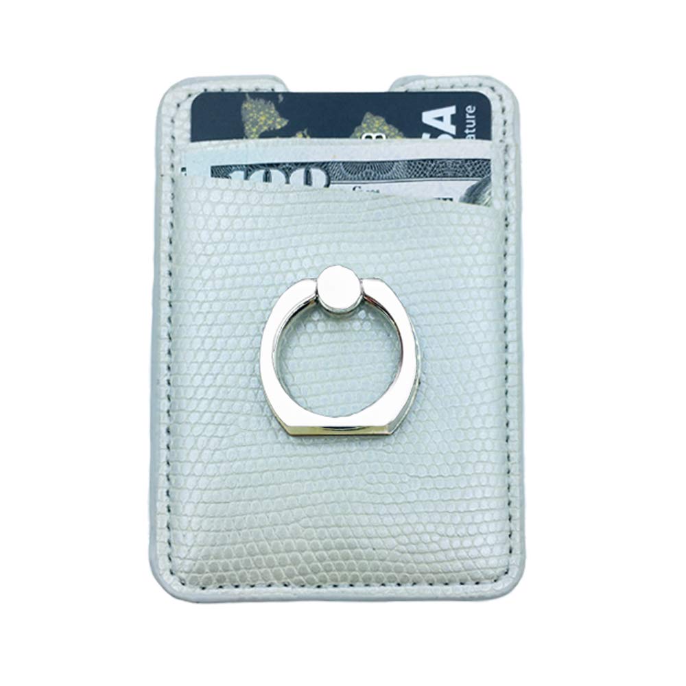 Phone Card Holder with Finger Ring PU Leather Credit Card Wallet RFID Blocking Pocket ID Case Pouch 3M Adhesive Sleeves Sticker Grip Kickstand with Android and All Smartphones (Silver) (Silver)