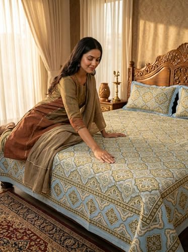 Image of Mafatlal 144 TC Jaipuri Cotton King Bedsheet | 90 x 108 Inches | Traditional Design | Smooth, Long-Lasting & Soft | 2 Pillow Covers | Almond Buff