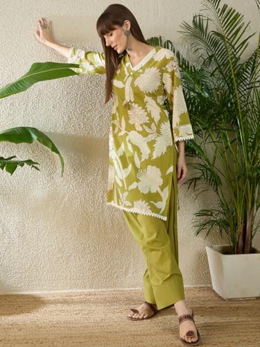 Image of INDO ERA Women Pure Cotton Printed Kurta & Palazzo Set | Farsi Salwar Suit
