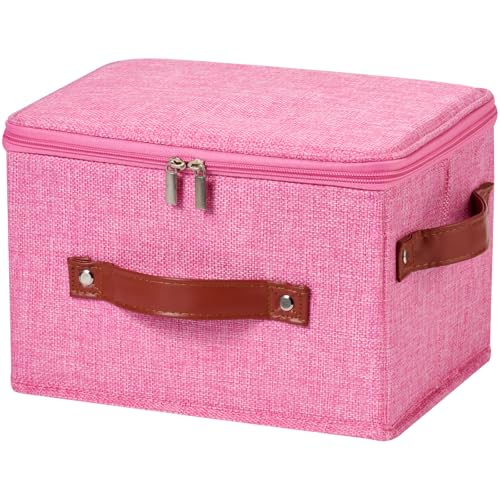 Image of Storage Bin Box with Zippered Lid Cotton Linen Fabric Decorative Basket with PU Leather Handles PP Plastic Board Foldable Lidded Clothing Shelf Closet Organizer Container (Pink, Small)