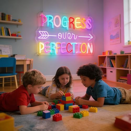 Image of Progress Over Perfection Neon Sign, LED Neon Light Signs for Wall Decor Dimmable Inspirational LED Light Up Sign for Classroom Office Bedroom Library Study Room Kids Room Decorations