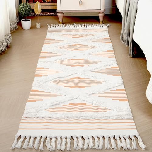 Image of Hand Woven 100% Natural Cotton Export Quality Designer Rug,Carpet, Bed Side Runner for Bedroom,Living Room, Size-2x5 feet or 60 cms x 152 cms (Rust Zigzag)