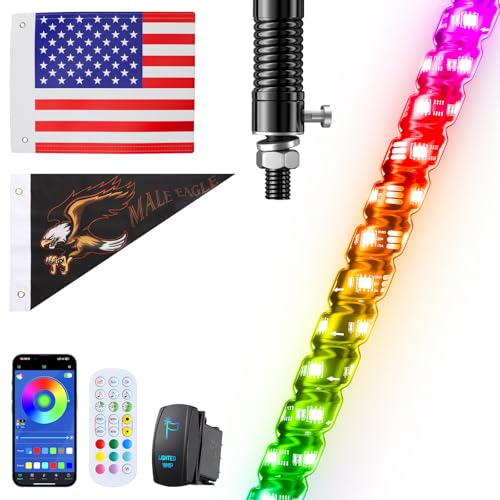 Image of Ehaho 1 PC 5FT Whip Lights with Spring Base, APP & Remote Control Led Whip Lights for Side by Side, Spiral RGB Chasing Lighted Whips with Rocker Switch, Music Led Whips for UTV ATV RZR SXS Can-Am