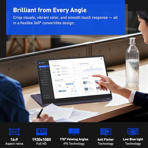 Image of 15.6 Inch 2-in-1 Touchscreen Laptop, 360 Flip Convertible Notebook, Core m3-8100Y, 16GB RAM 512GB SSD, FHD IPS Display, Win 11 Pro, WiFi 5, BT 5.1, Lightweight Computer for Work, Study & Travel