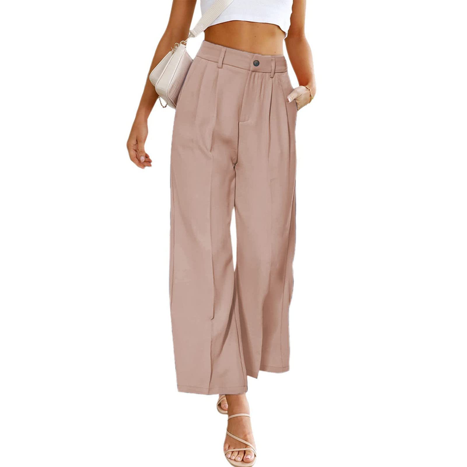 GOTOTOP Womens Casual Wide Leg High Waisted Button Down Straight Long Trousers Pants 2XL