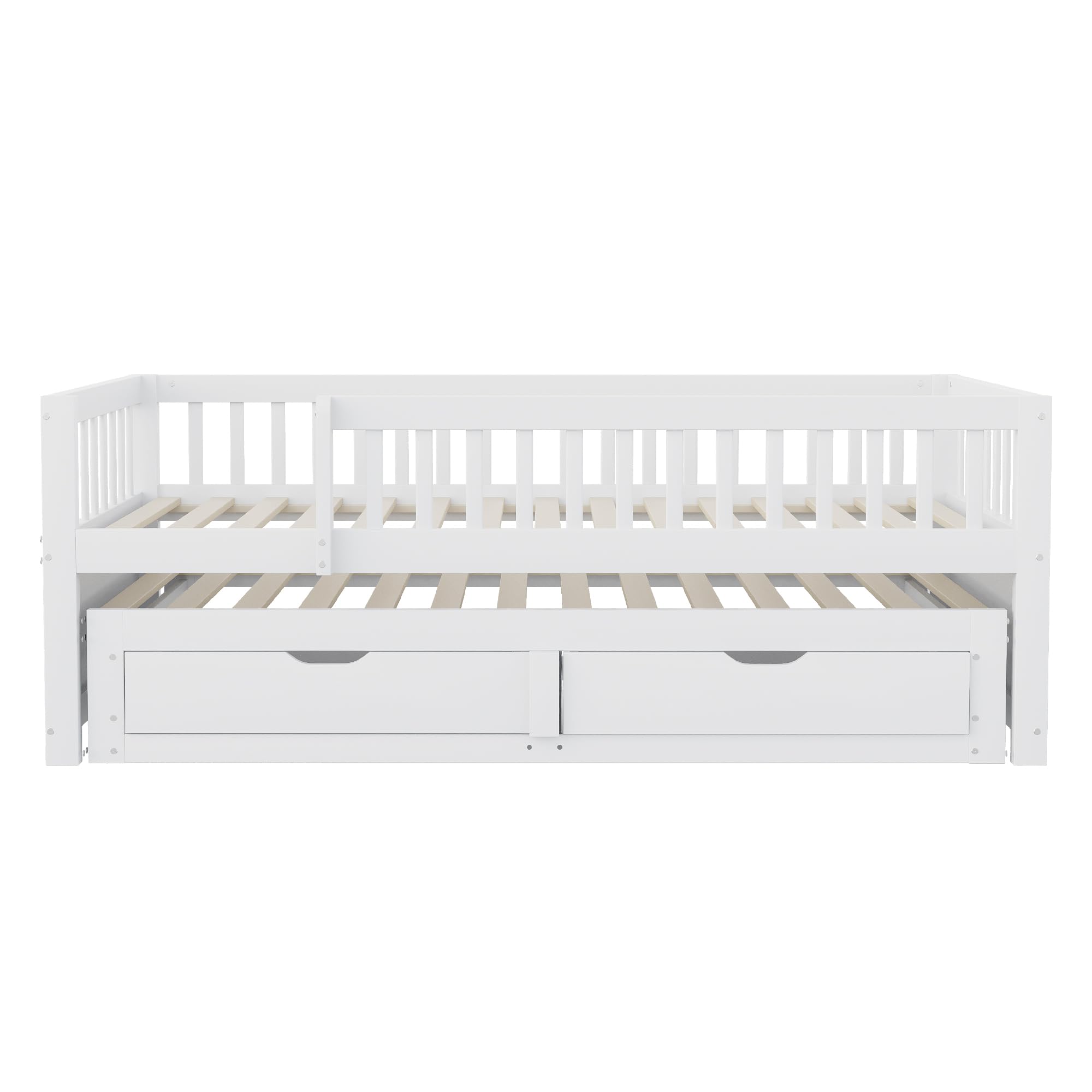 Dolamaní Kinderbett 90x200 cm mit Ausziehbares Bett, Bodenbett mit 2 Schubladen Darunter, Ausziehbett mit Lattenrost, Gästebett Jugendzimmer Kojenbett ohne Matratze (Weiß)