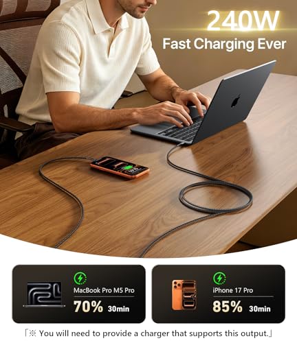 Image of USB C Cable 10FT 2Pack, 240W USB C to USB C Cable Fast Charging Long Phone Charger Cord Type C Charger for iPhone 17 Pro Max, 16 15, iPad Pro /Air, Apple MacBook, Laptops - Black