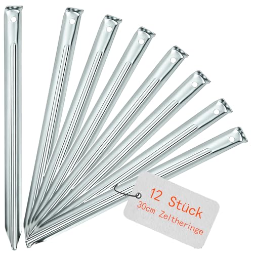 12 Stück Zeltheringe Sandheringe - 30cm Heringe Zelt Erdanker Bodenanker mit V-Profil und Öse Stabile Erdspieße Metall ideal für Garten Camping Angeln und Entdeckungen