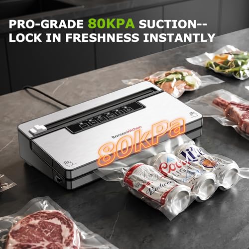 Image of Bonsenkitchen Vacuum Sealer Machine with 1 Roll & 5 Airtight Bags, 5 Vacuum Modes, 80 kPa Powerful Suction, Built-in Cutter & Bag Storage - Silver