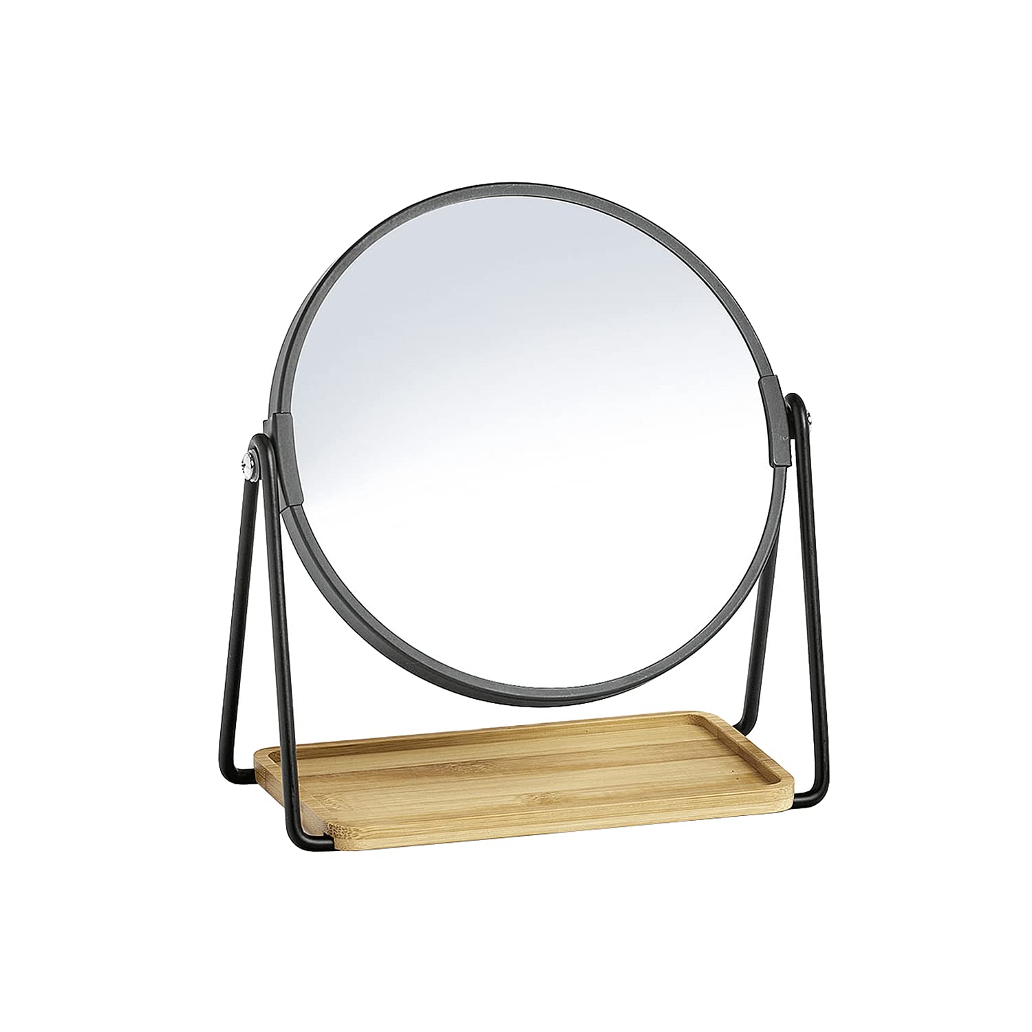 Zeller Present Kosmetikspiegel – Metall und Bambus, Ø 17,5 cm, Höhe 20,5 cm, schwarz/natur