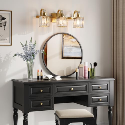 Image of GarveeTech Bathroom Vanity Light Fixtures Modern Crystal Vanity Light Fixtures Over Mirror, Modern Crystal Wall Lighting with Square Shade(Black) (Gold, 3 Lights)