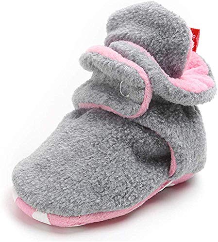 TIMATEGO Newborn Baby Boys Girls Cozy Fleece Booties with Grippers Stay On Slipper Socks Infant Toddler Crib Winter Shoes for Boys Girls, Baby Booties 12-18 Months Toddler, 02 Light Grey Pink