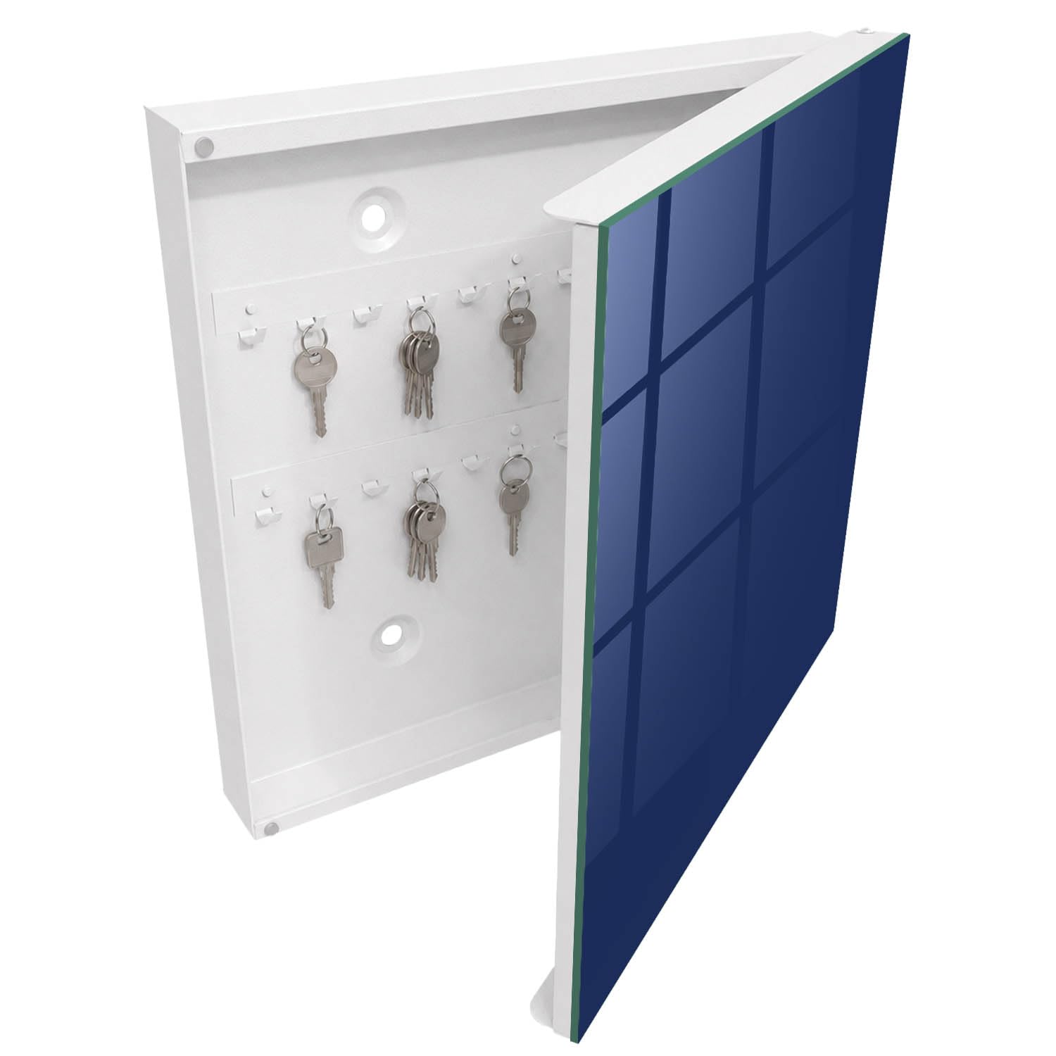 Armadietto Portachiavi 30x30 cm | Bianco | A Destra | Montaggio a Parete | Blu navy acceso | per Uffici | Frontale Decorativo in Vetro Temperato | Tasselli e Viti Inclusi | in Metallo