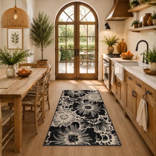 Tapete decorativo floral lavable 3x5 negro y beige miniatura 5