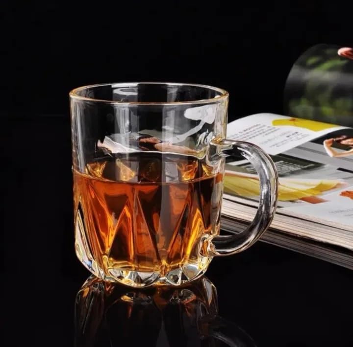 Image of IndusBay Pack of 6, 230 ML Square Borosilicate Glass Tea Cups Clear Glass Tea Coffee Mugs with Handle, Microwave Safe, Clear