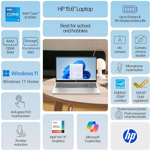 Image of HP 15.6 inch Laptop, FHD Touchscreen Display, 13th Gen Intel 10-Core i5-1334U, 16GB DDR4 RAM, 1TB PCIe SSD, WiFi 6, Bluetooth 5.4, HDMI, Type-C, Copilot Key, Windows 11 Home for Student and Business