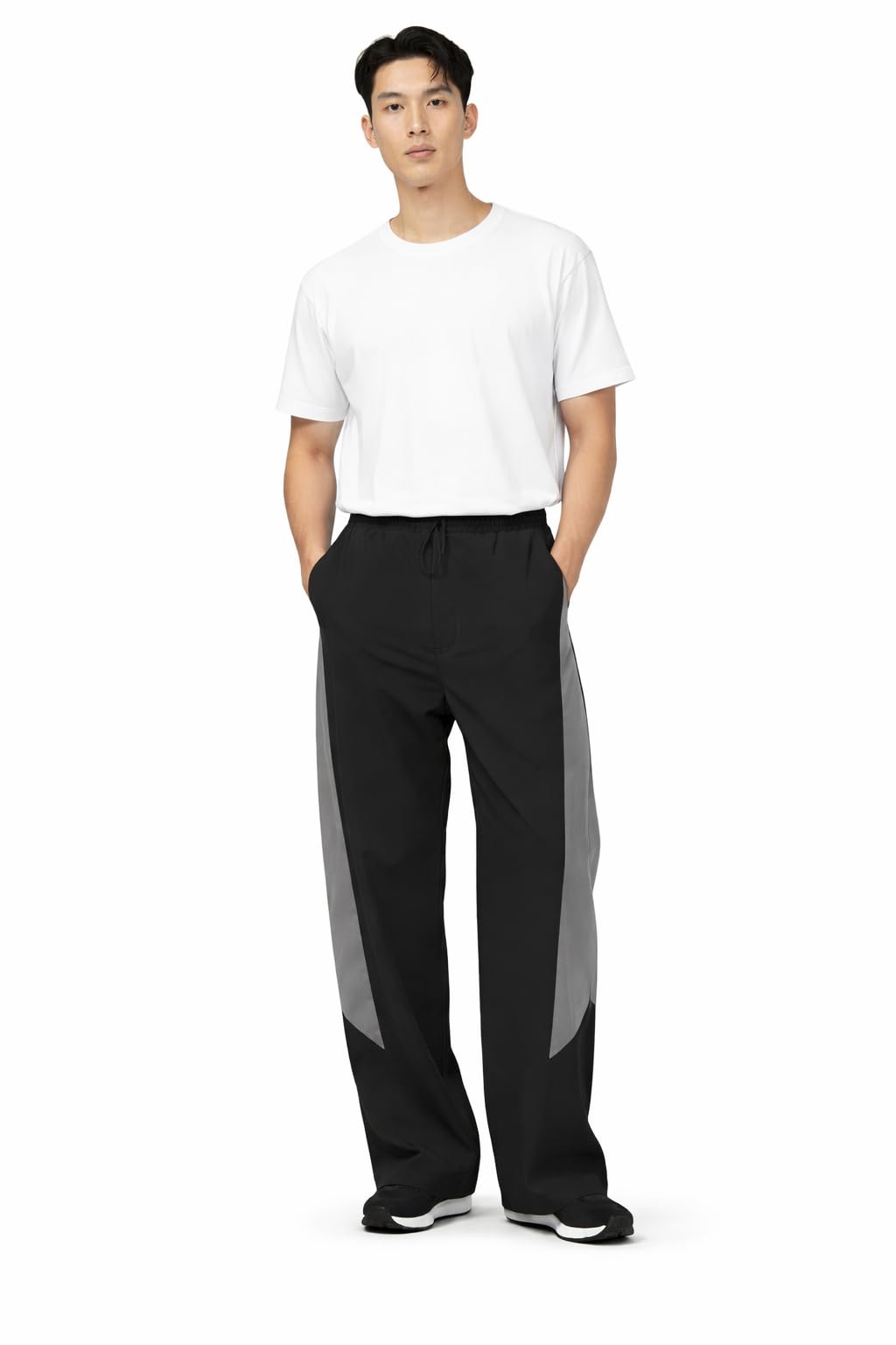 five doggies Men’s Wide Leg Track Pants, Black & Grey Colour Block, Drawstring Waist, Casual Sportswear for Gym, Running-picture-48
