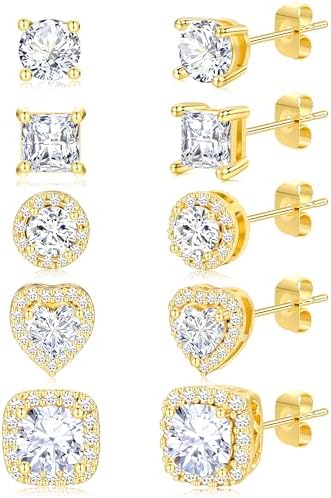 5 Pairs Silver Stud Earrings for Women Men, 18K Gold Plated Cubic Zirconia Round Square Simulated Diamond Earrings, Big Stud Earring Set for Sensitive Ears 7-9mm