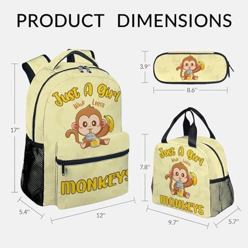School Backpack Set for Girls - 3 in 1 Durable Elementary Middle Backpack with Lunch Bag Set - Yellow Monkey Bookbag Set with Large Capacity, Lightweight2