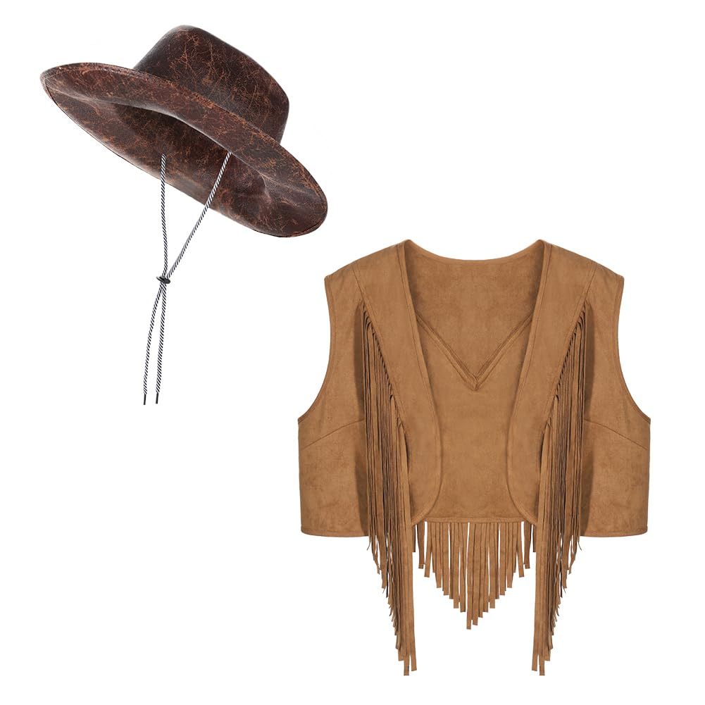 JNGUOSICN Western Cowgirl Costume Set for Women Fringe Vest Cowboy Hat 60s 70s Hippie Costume Clothes Faux Suede Open Front Sleeveless Waistcoat Jacket for Hippie Disco Carnival Halloween Party