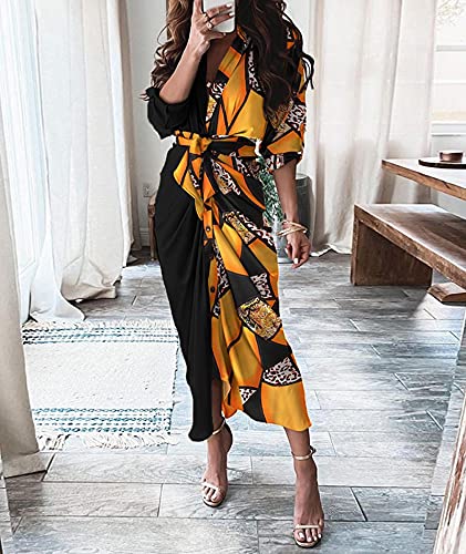 Image of FYEARFOX Women's Button Down Shirt Dress Ruched Split Maxi Dresses Long Sleeve Wrap V Neck Tie Waist Party Clubwear