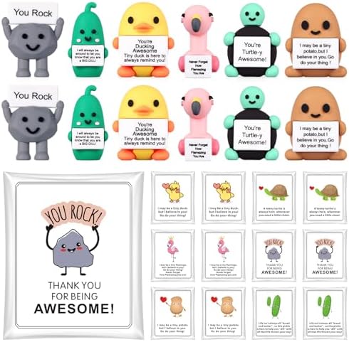 Gejoy 12 Sets Mini Positive Figures Gifts Mini Rubber Toy with Positive Card Bags Small Desk Figurines Miniature Emotional Birthday Gifts to Hide and Seek Decorations for Coworkers Employees Office