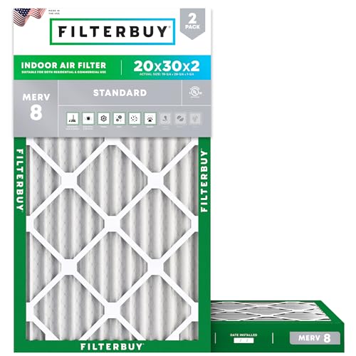 Filterbuy 20x30x2 Air Filter MERV 8 Essential Dust & Allergy Defense (2-Pack) Electrostatic Pleated HVAC AC Furnace Filters Replacement Made in USA (Actual Size: 19.75 x 29.75 x 1.75)