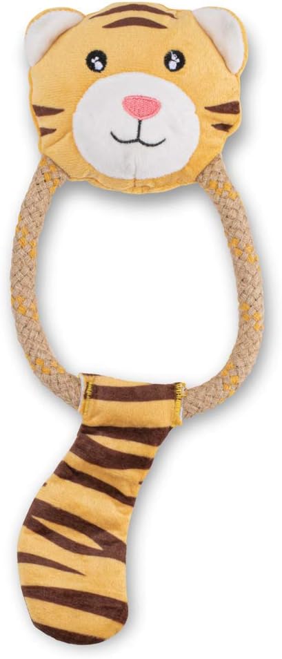 Beco Tilly The Tiger Dog Toy, Soft Squeaker Body and Hemp Rope Body, Made from Recycled Materials, Large