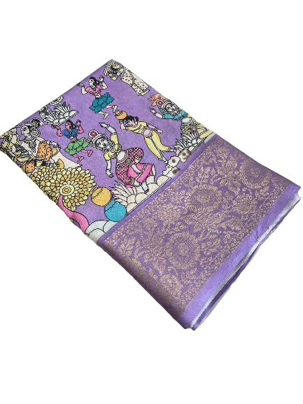 Kalamkari Silk Saree Floral Printed Zari Weaving Border And Rich Pallu Unstitch Blouse Piece-image-37