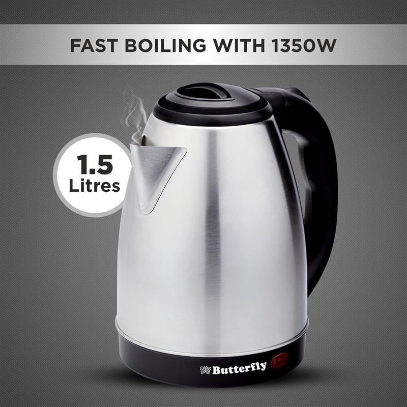 Image of Butterfly Evo Pro 1.5L Electric Kettle | 1350 W | 360 degree Swivel Power Base | Auto Shut Off | For Hot Water, Tea, Coffee, Noodles | Dry Boil Protection