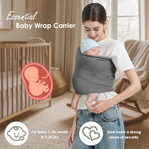 Image of Baby Wrap Carrier, Lightweight Baby Wearing Wraps for Newborn and Infant, Soft Swaddle Holder Carrier, Cozy Baby Sling 7-35 lbs Grey
