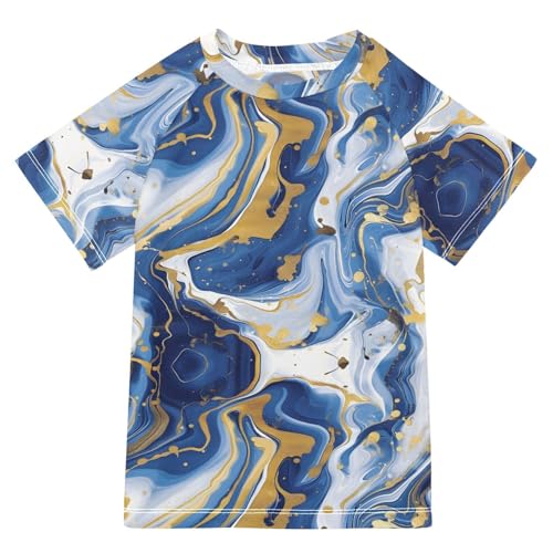 ALAZA Boys Swim Shirts Toddler Rash Guard Short Sleeve Rashguard Marble Blue Gold White UPF 50+ 11-12T