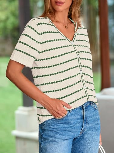 Image of NALANISA Women's Short Sleeve Sweater Spring Summer Crochet Knit Tops 2026 V Neck Striped Button Down Dressy Casual Blouses