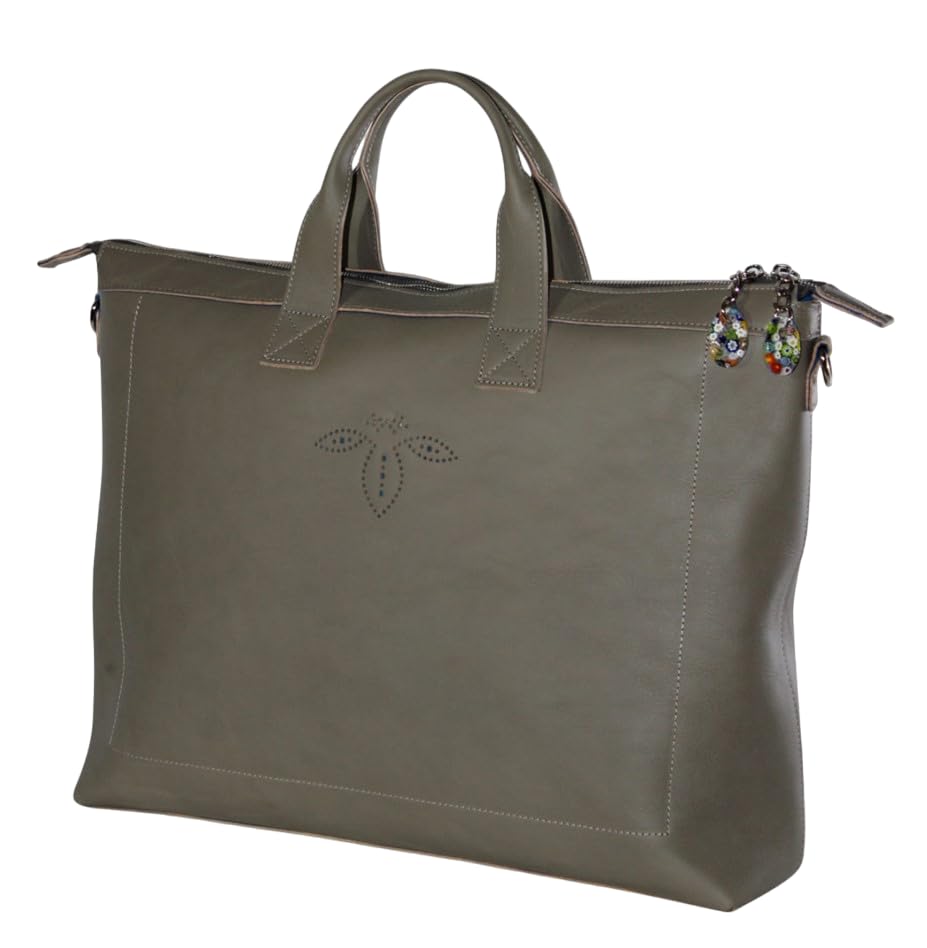 Modern Leather Briefcase with Murano Murrine Glass | Handmade Real Leather in Italy | Folder Bag Laptop Case Handbag Tote (TAUPE)