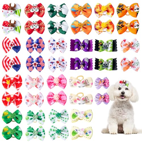 COMSUN 42 PCS (21 Pairs) Holiday Dog Hair Bows Set Polyester Adorable Holidays Puppy Hair Bow with Rubber Bands Pet Bowknot for Pet Hair Accessories Festive Dog Grooming and Photos (Holiday Pattern)