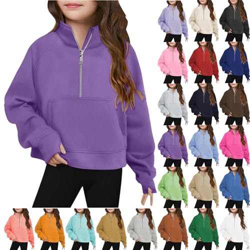 Sweatshirts for Teen Girls Casual Half Zip Fleece Long Sleeve Pullover Crop Tops with Thumb Hole Clothes 5-14 Years